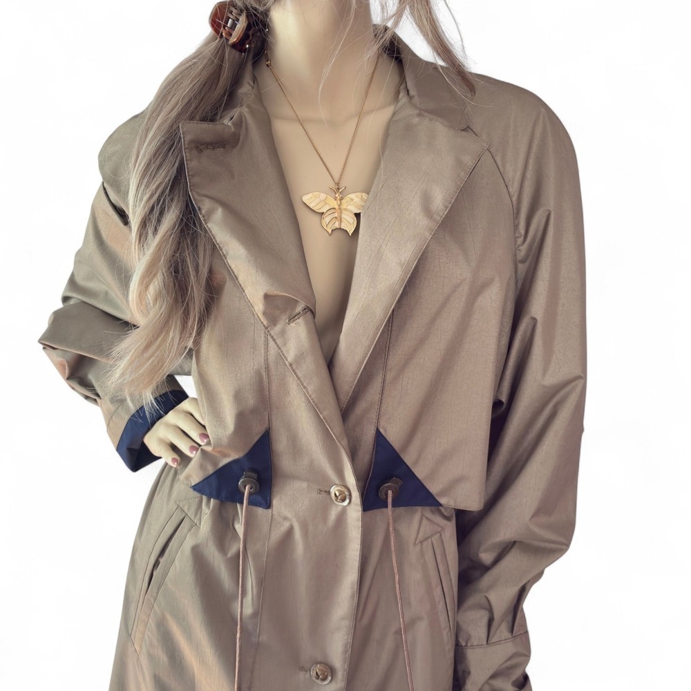 Vintage 80s‎ Taupe Trench Coat Duster Style Retro Femme Streetwear Dark Academia - Picture 2 of 9
